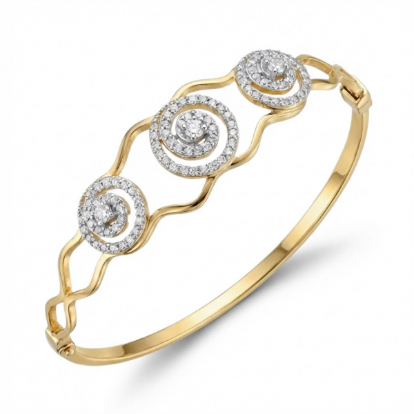 14 Ayar Altın Spiral Motifli Üç Taş Kelepçe Bileklik