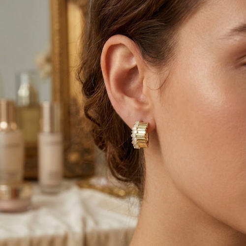 14 Ayar Altın Baget Kesim Taşlı İtalyan Tasarım Küpe - Set 4