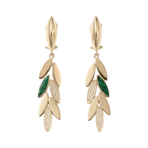 14 Ayar Altın Yeşil Yaprak Motifli Tasarım Küpe - Set 3