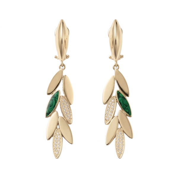 14 Ayar Altın Yeşil Yaprak Motifli Tasarım Küpe - Set 3