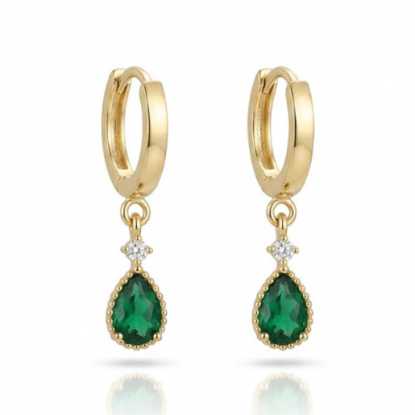 14 Ayar Altın Zümrüt Renkli Tasarım Küpe