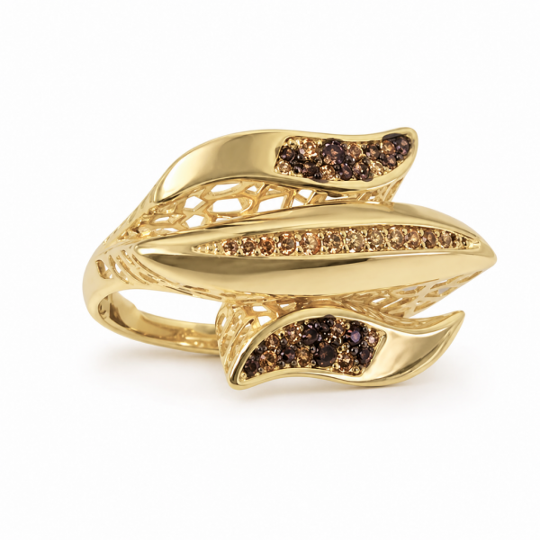 14 Ayar Altın İtalyan Kahverengi Taşlı Tasarım Yüzük