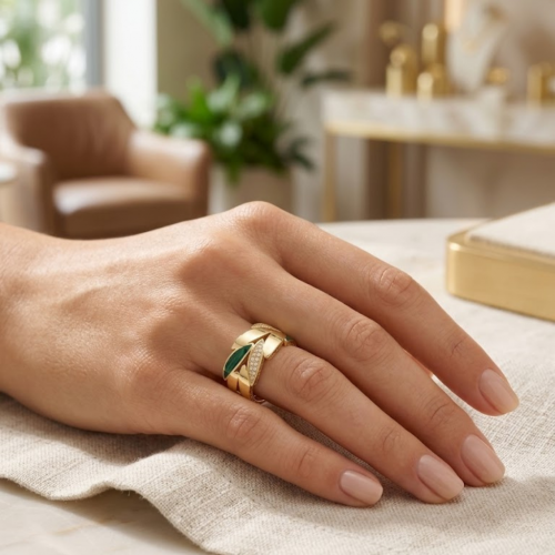 14 Ayar Altın Yeşil Yaprak Motifli Tasarım Yüzük - Set 4