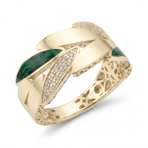 14 Ayar Altın Yeşil Yaprak Motifli Tasarım Yüzük - Set 4