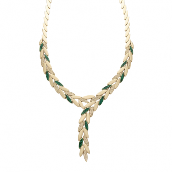 14 Ayar Altın Yeşil Yaprak Motifli Tasarım Kolye - Set 2