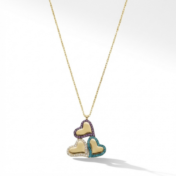 14 Ayar Altın Renkli Taşlı Üçlü Kalp Figürlü Kolye