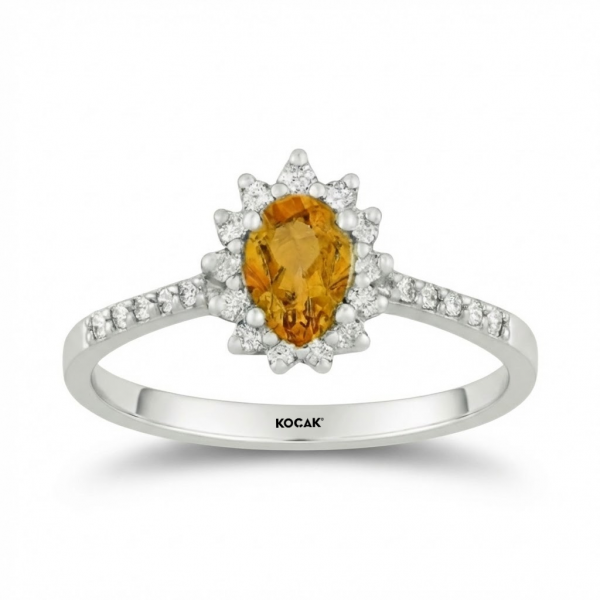 0,66 Karat Pırlanta Damla Kesim Turuncu Taşlı Yüzük