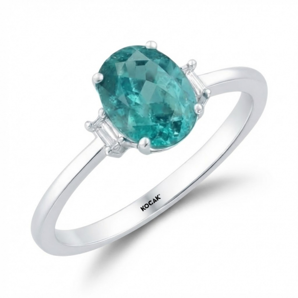 0,76 Karat Pırlanta Oval Kesim Deniz Mavisi Taşlı Yüzük